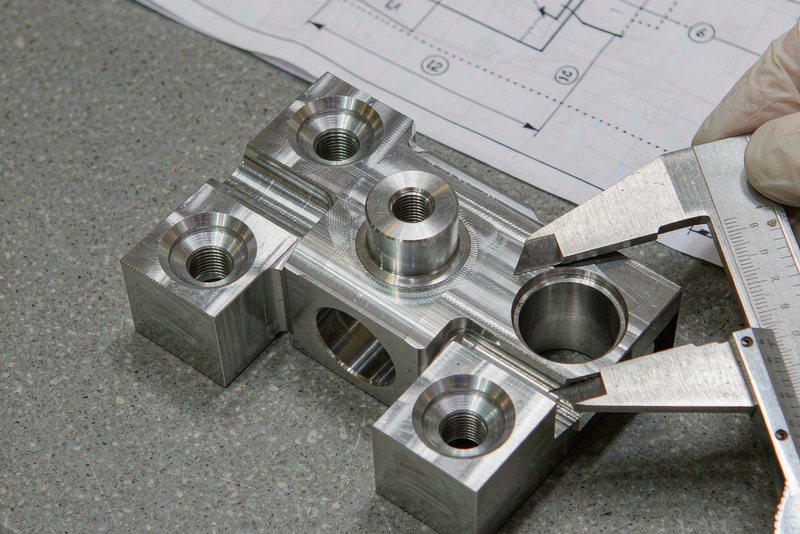 Close-up of a machined aluminum bracket with a digital caliper across one bore