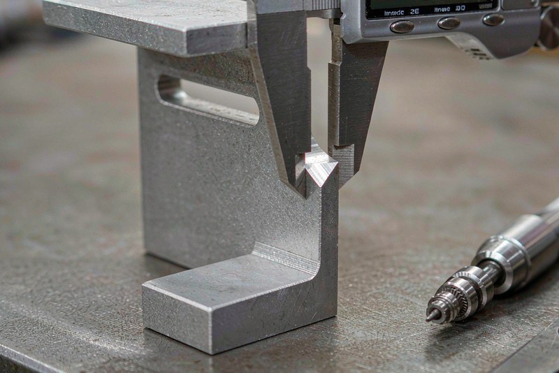 Digital caliper checking the broken edge of a machined aluminum bracket beside a deburring tool