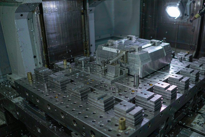 Modular fixture plate with locating pins and clamps holding an aluminum block in a machining center