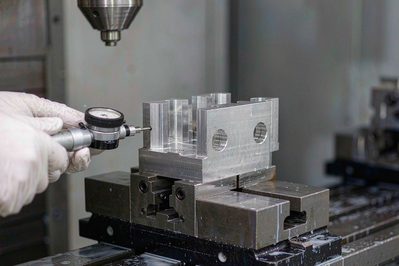 Machined aluminum part clamped in a vise while a dial indicator checks the setup