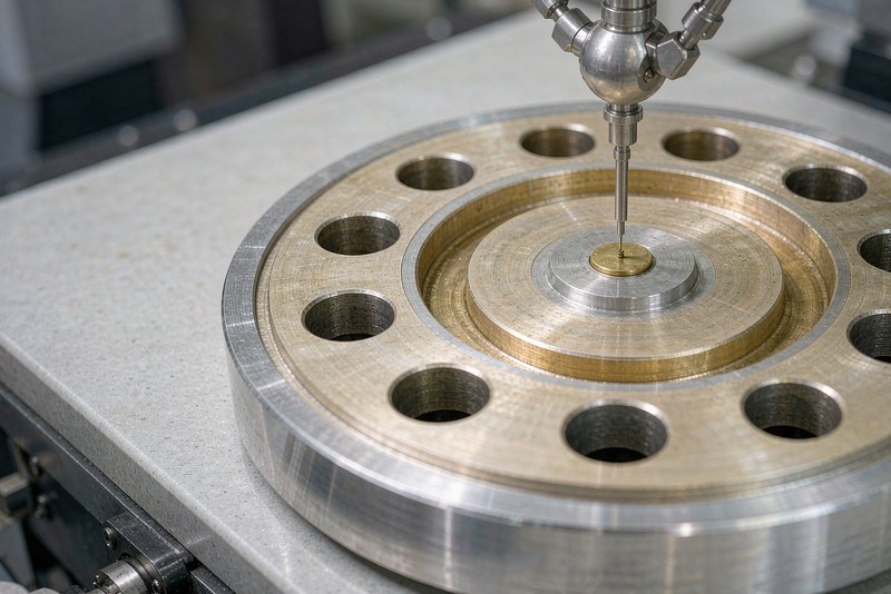CMM probe touching the face of a large aluminum flange on a granite table