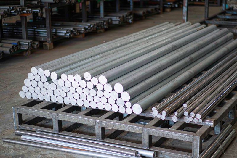 Bundles of aluminum and stainless steel bar stock stacked on a shop rack