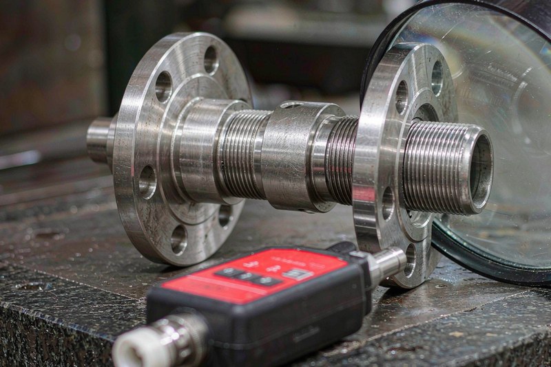 Machined stainless steel coupling under a magnifier with a surface roughness tester beside it