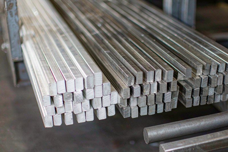 Sawn ends of stacked aluminum and stainless bar stock on a workshop rack