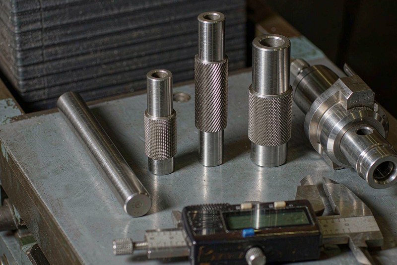 Set of plain plug gauges and thread gauges laid out on a steel inspection bench