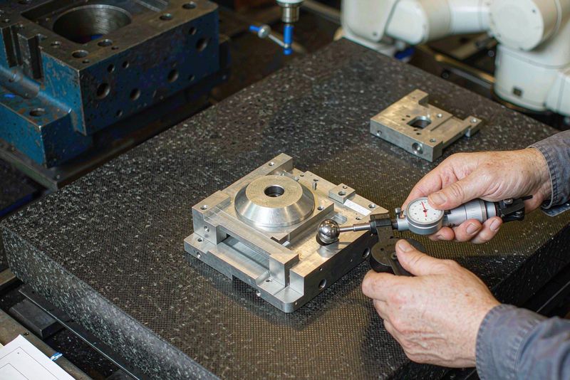 Inspector using a dial bore gauge on a machined housing at a granite inspection table