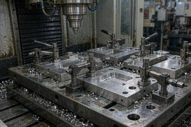 Custom fixture plate with locating pins and clamps holding aluminum parts in a CNC machine