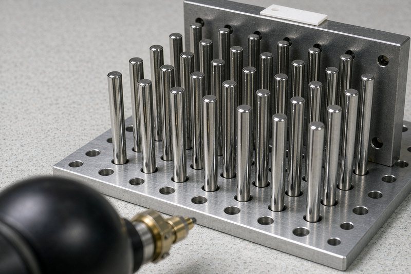 Pin gages inserted through a hole pattern on a granite surface plate