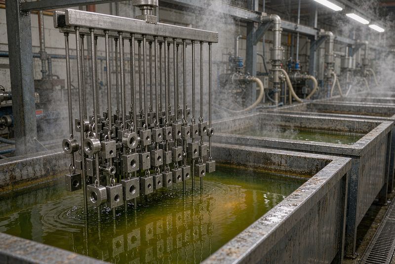 Steel parts on a plating rack being lowered into an electroless nickel bath