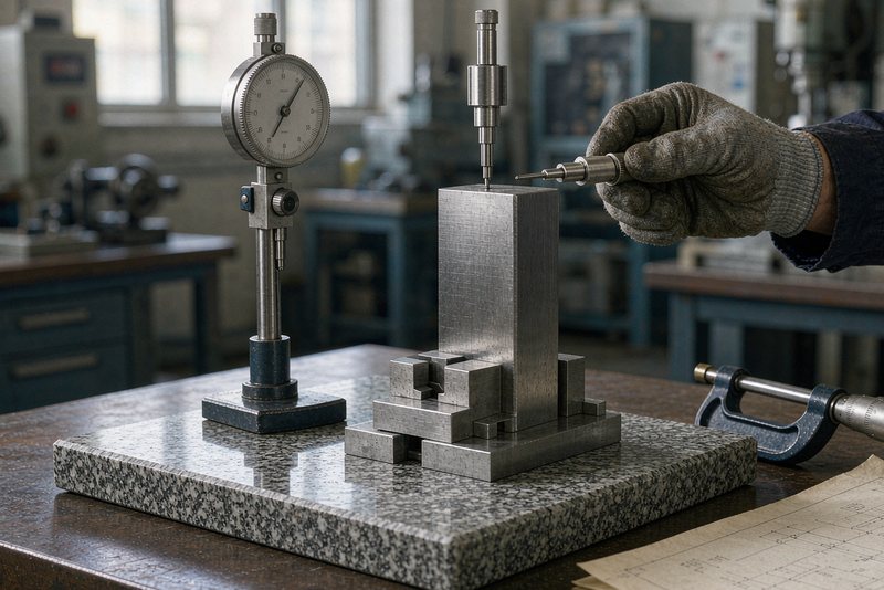 Dial height gauge checking a machined bracket on a granite plate beside a drawing
