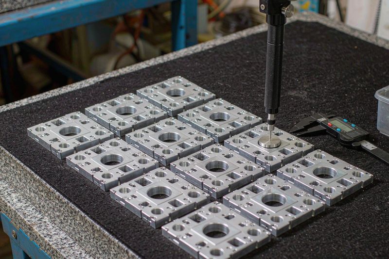 Batch of machined aluminum housings laid out on an inspection bench with a height gauge