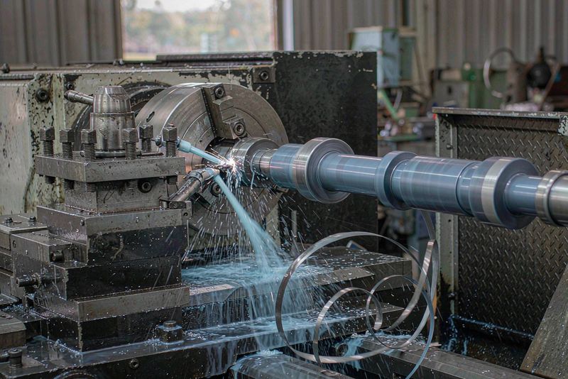 CNC lathe turning a stainless steel shaft with coolant and coiled chips