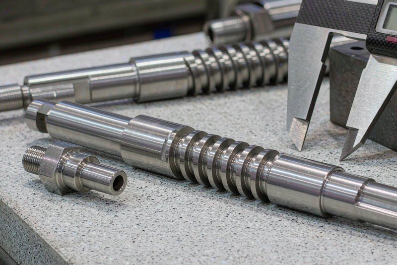 Finished stainless steel shafts and a threaded fitting measured with a caliper on a surface plate