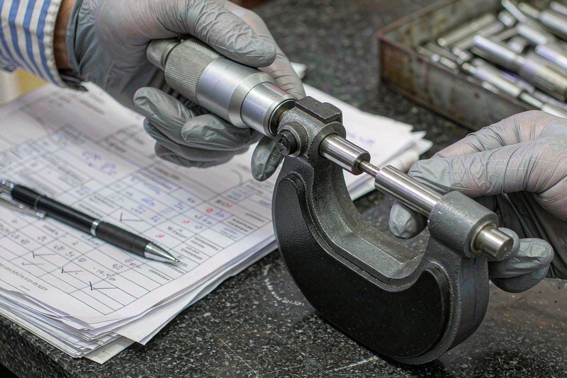 Gloved hands measuring a machined steel shaft with a micrometer over inspection paperwork