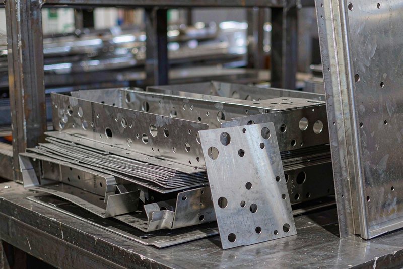 Stack of laser-cut and press-brake formed steel brackets with pierced holes