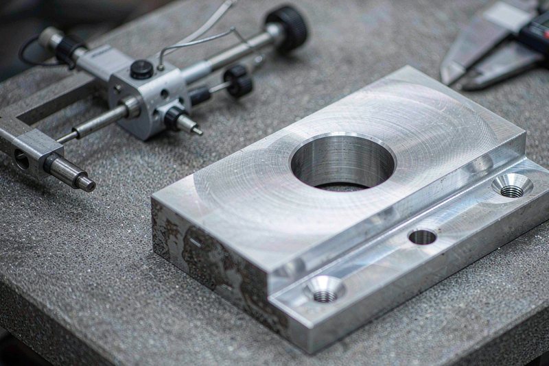 Machined aluminum bracket with a bored hole measured by bore gauge and calipers