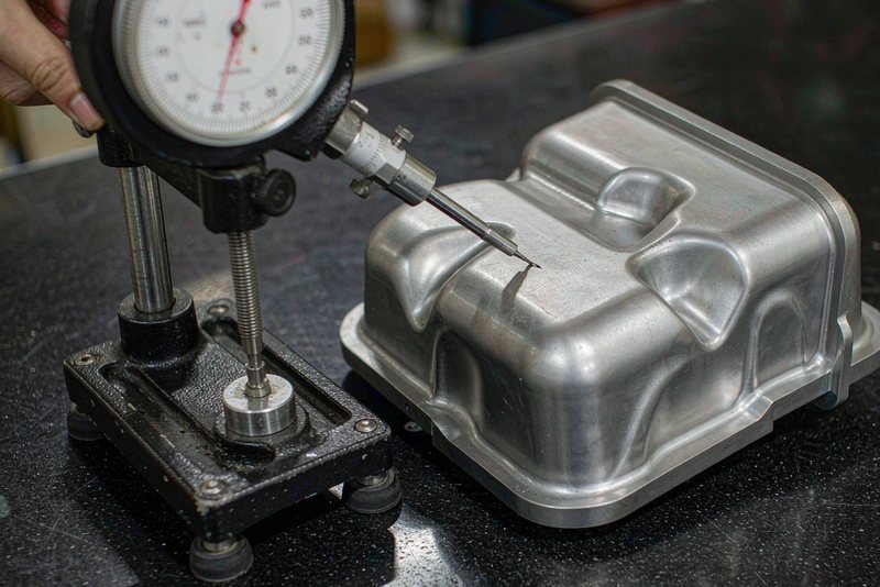 Dial indicator on a stand checking the contoured top of a machined aluminum housing