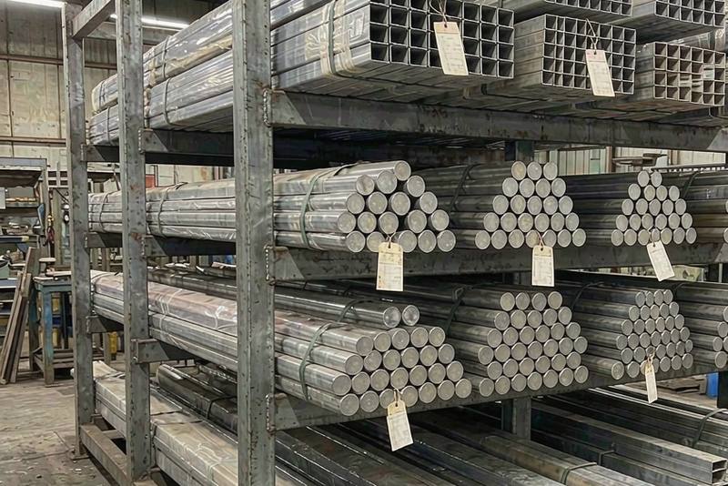 Bundled aluminum bar stock and cut lengths on a material rack in a machine shop