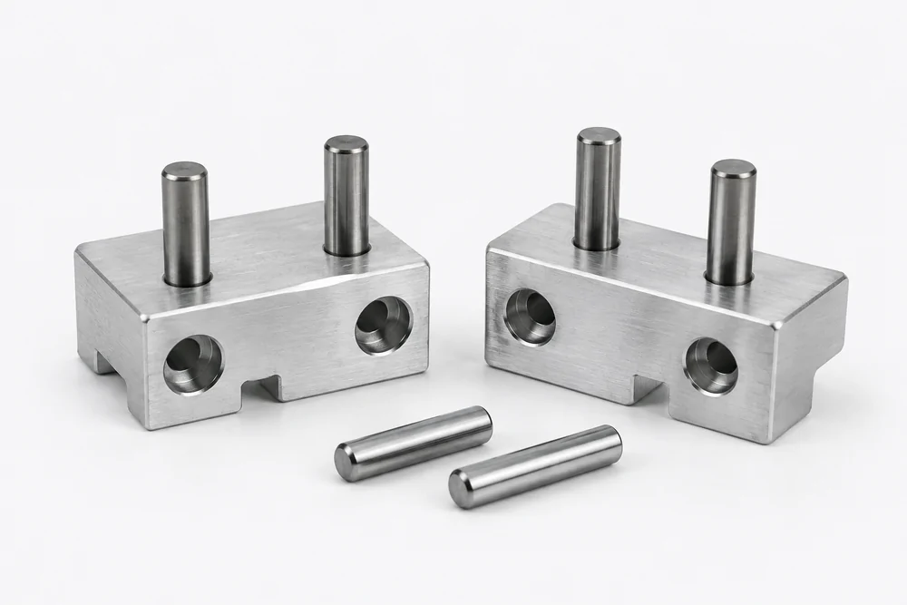 Steel locating dowel pins installed in machined aluminum blocks