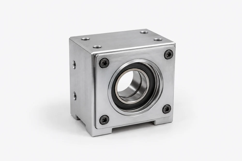 CNC machined aluminum housing with a bearing and four retaining plate screws