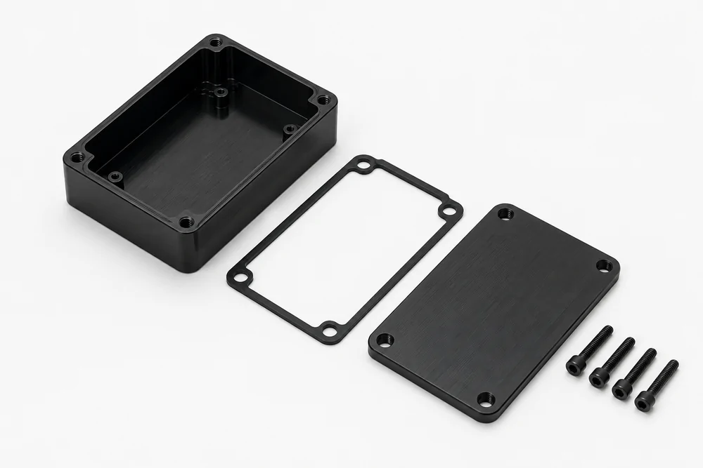 Black machined enclosure with matching cover, rubber gasket and fasteners