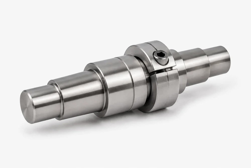 Machined stepped shaft with fitted spacers and split shaft collar