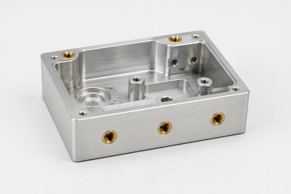 Brass threaded inserts installed in a CNC machined aluminum housing