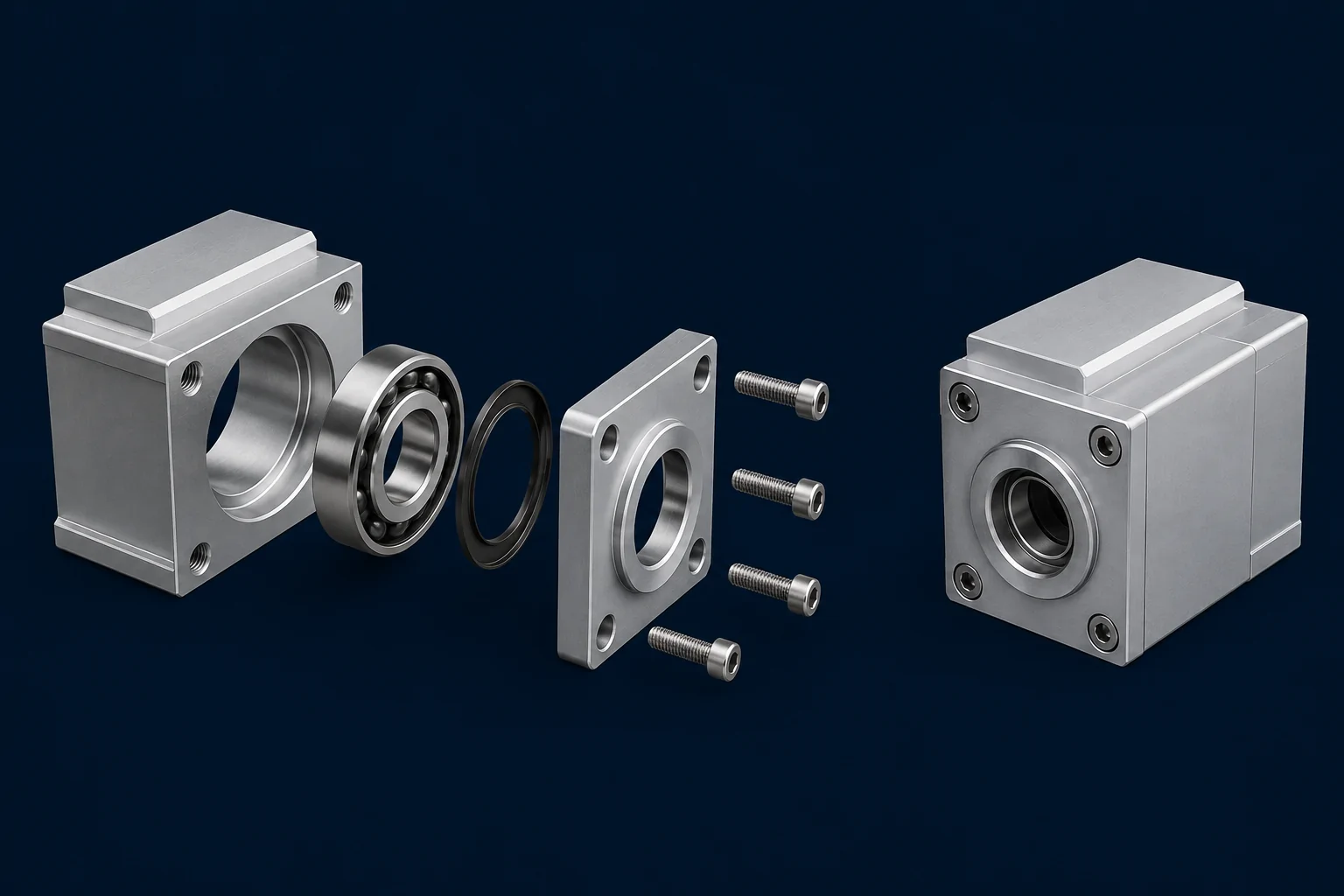 Exploded machined housing, bearing, seal, cover and screws beside the completed bearing housing assembly