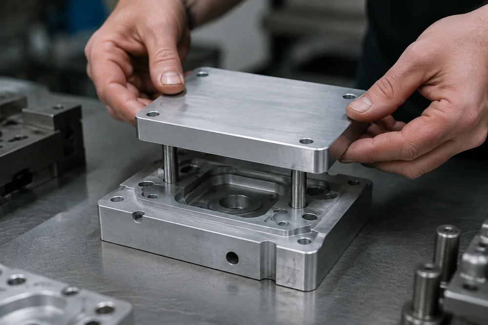 Machined cover aligned with locating dowel pins on a matching housing
