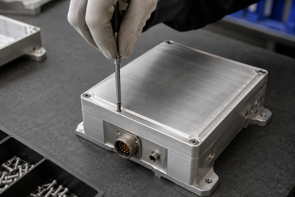 Hex driver tightening a socket-head screw in a machined enclosure cover