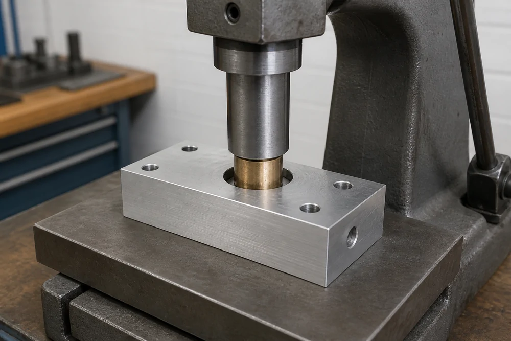 Arbor press installing a bronze sleeve bushing in a machined aluminum block