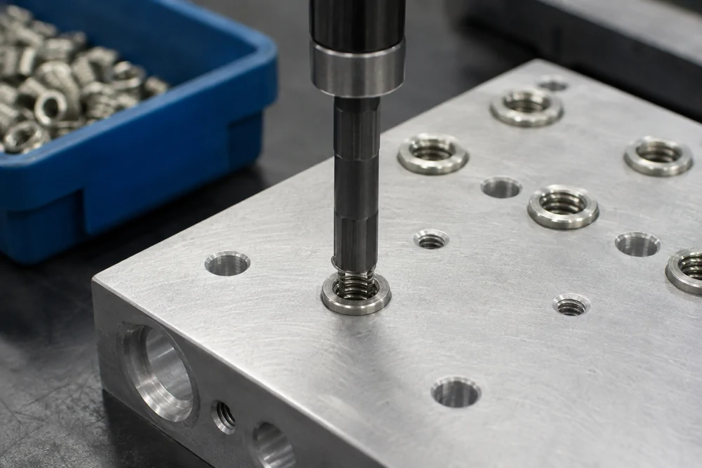 Installation tool aligned with a threaded insert in a machined aluminum block