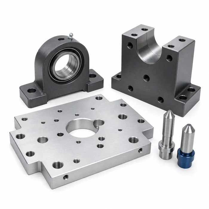 Machined plate and mounting blocks for an industrial assembly