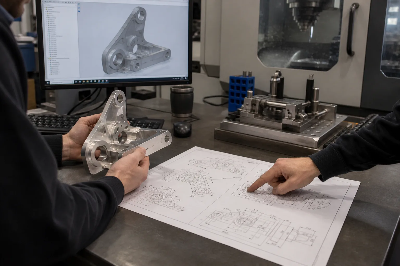 Engineers reviewing a complex bracket, datum drawing and fixture concept before machining