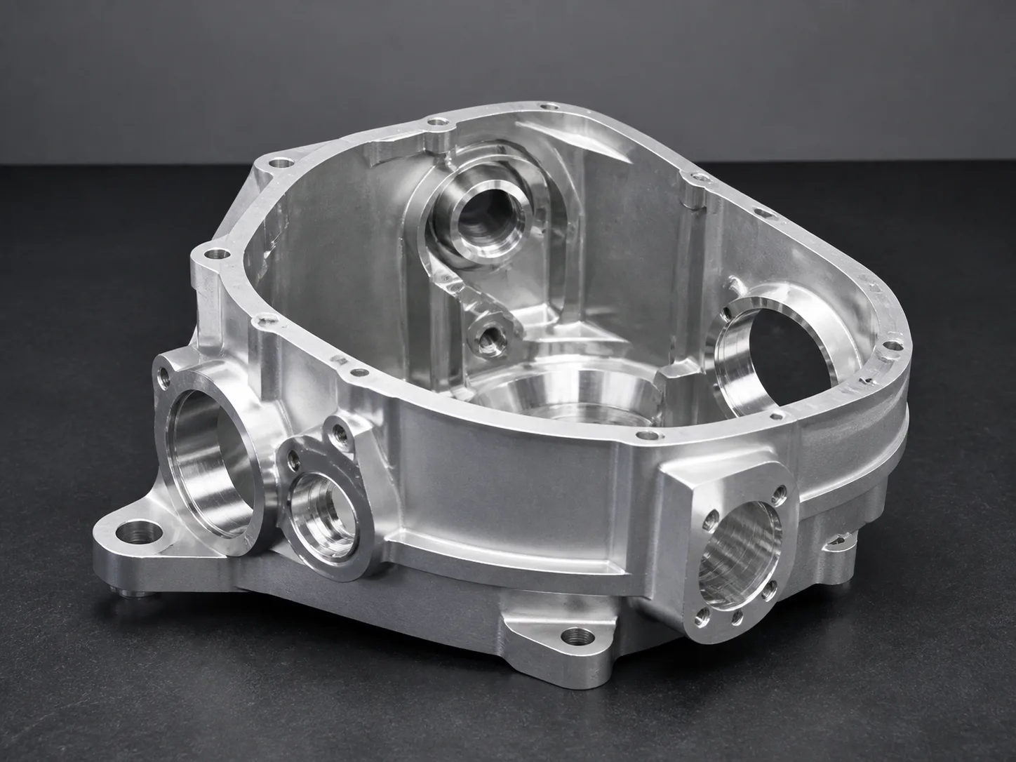 Compound-angle aluminum housing with a deep cavity and intersecting ports
