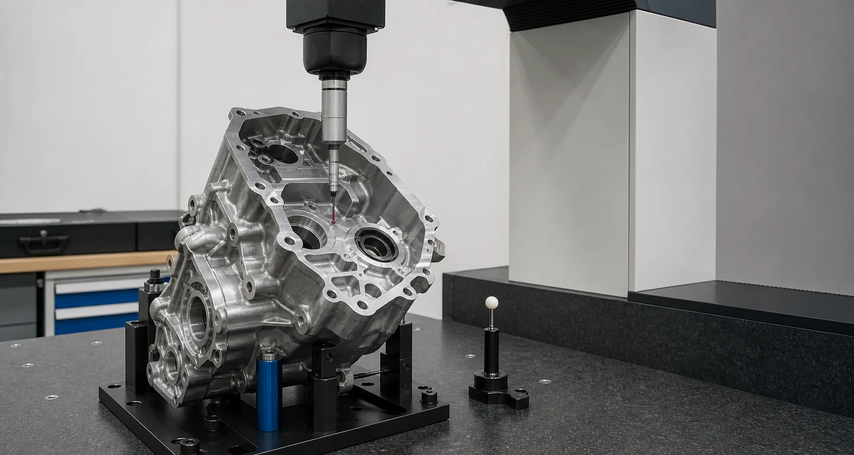 CMM probe inspecting a complex multi-face aluminum housing