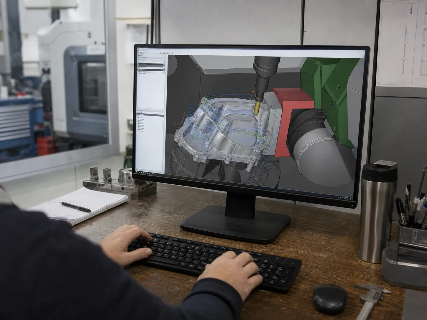 Engineer reviewing five-axis toolpath and fixture clearance in CAM software