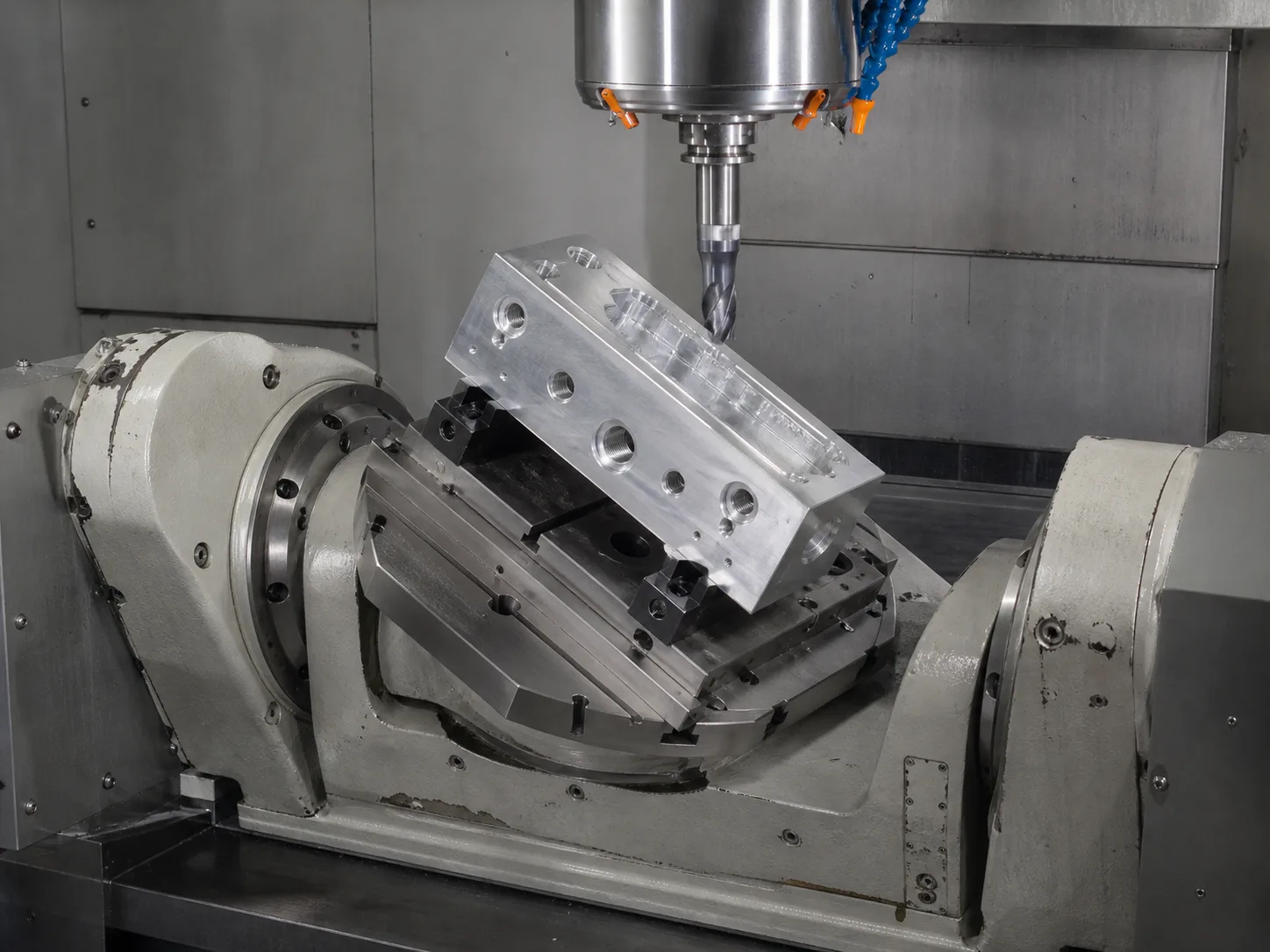 Indexed 3+2 machining of angled features on an aluminum manifold
