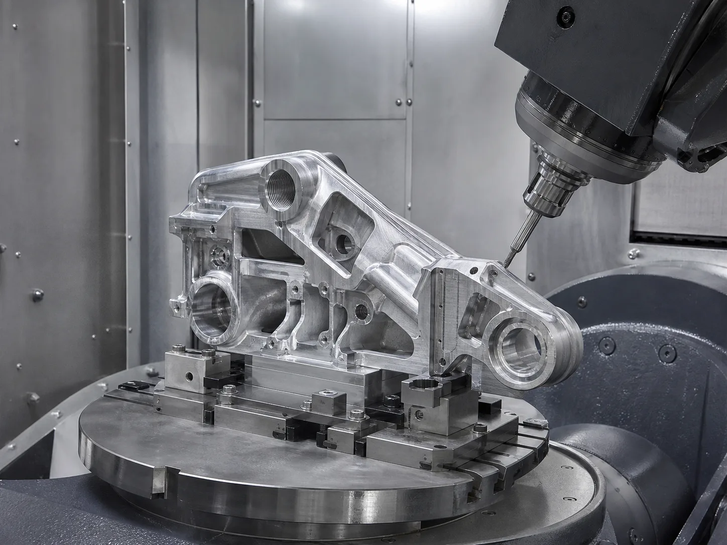Five-axis spindle approaching a side feature on a complex aluminum bracket
