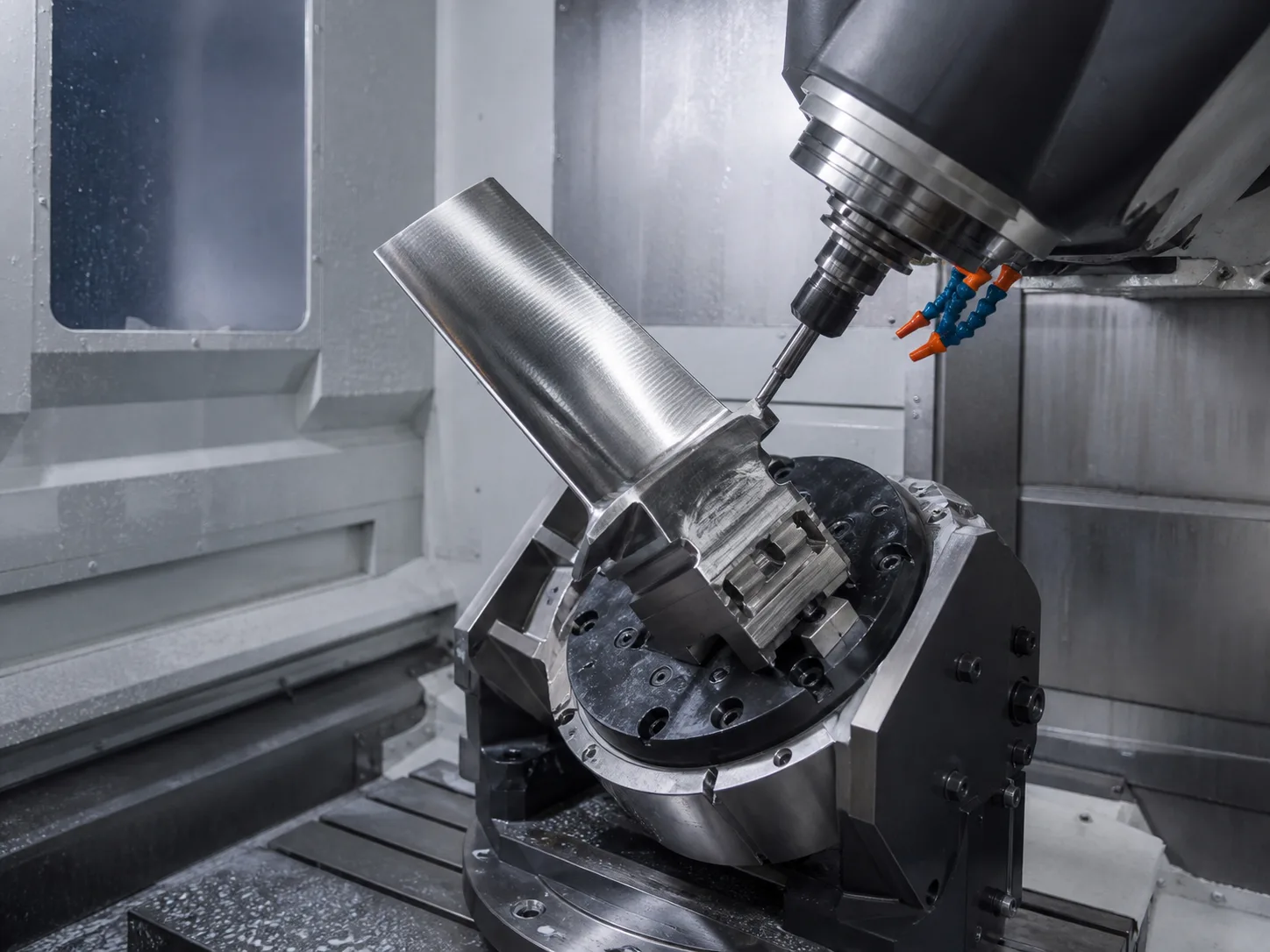 Angled spindle following a freeform blade surface on a five-axis machine