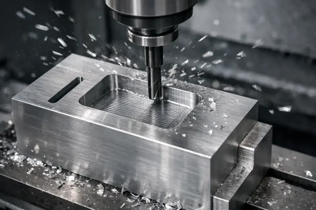 Representative 3-axis CNC milling of pockets and profiles in a metal block
