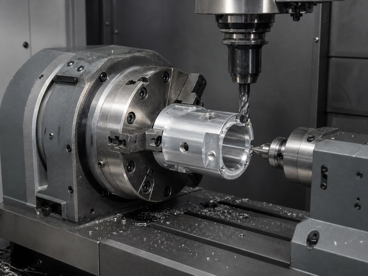 Representative indexed four-axis CNC milling setup for a compact aluminum component