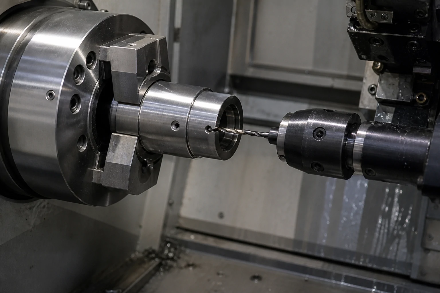 Live tool drilling a cross hole in a cylindrical turned component