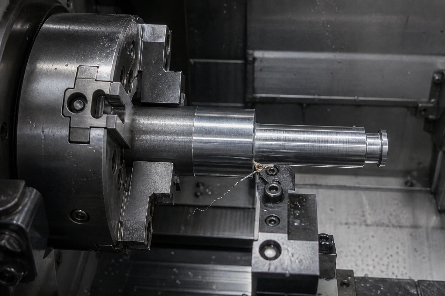 CNC lathe turning a stepped cylindrical steel shaft