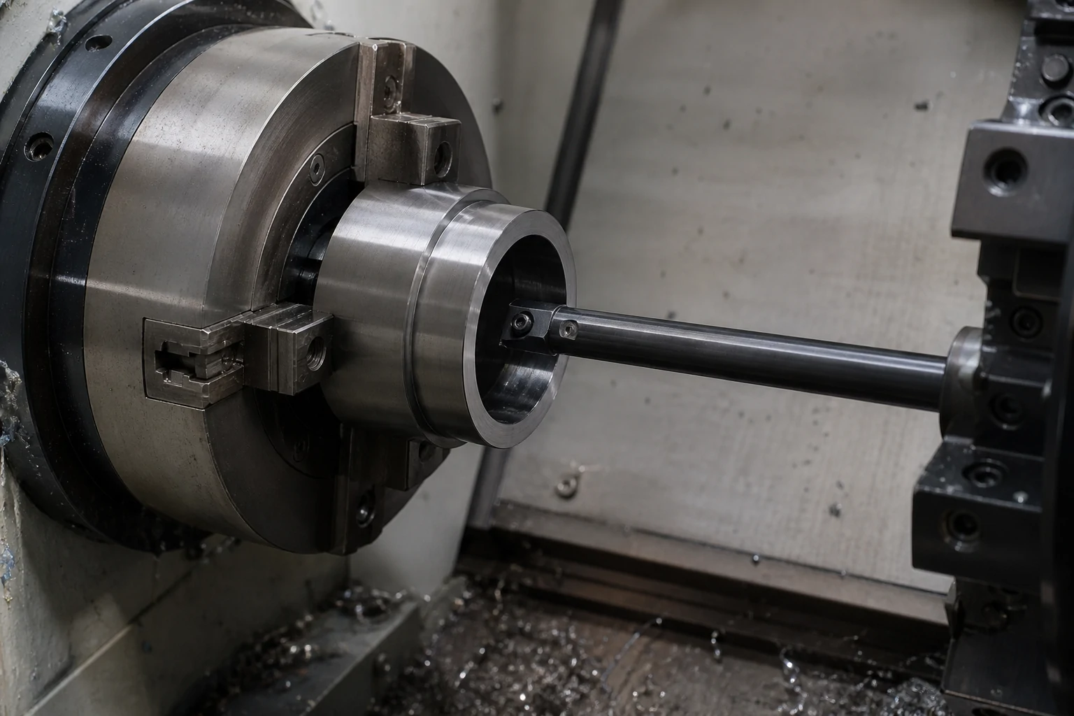Boring bar machining the internal diameter of a turned sleeve