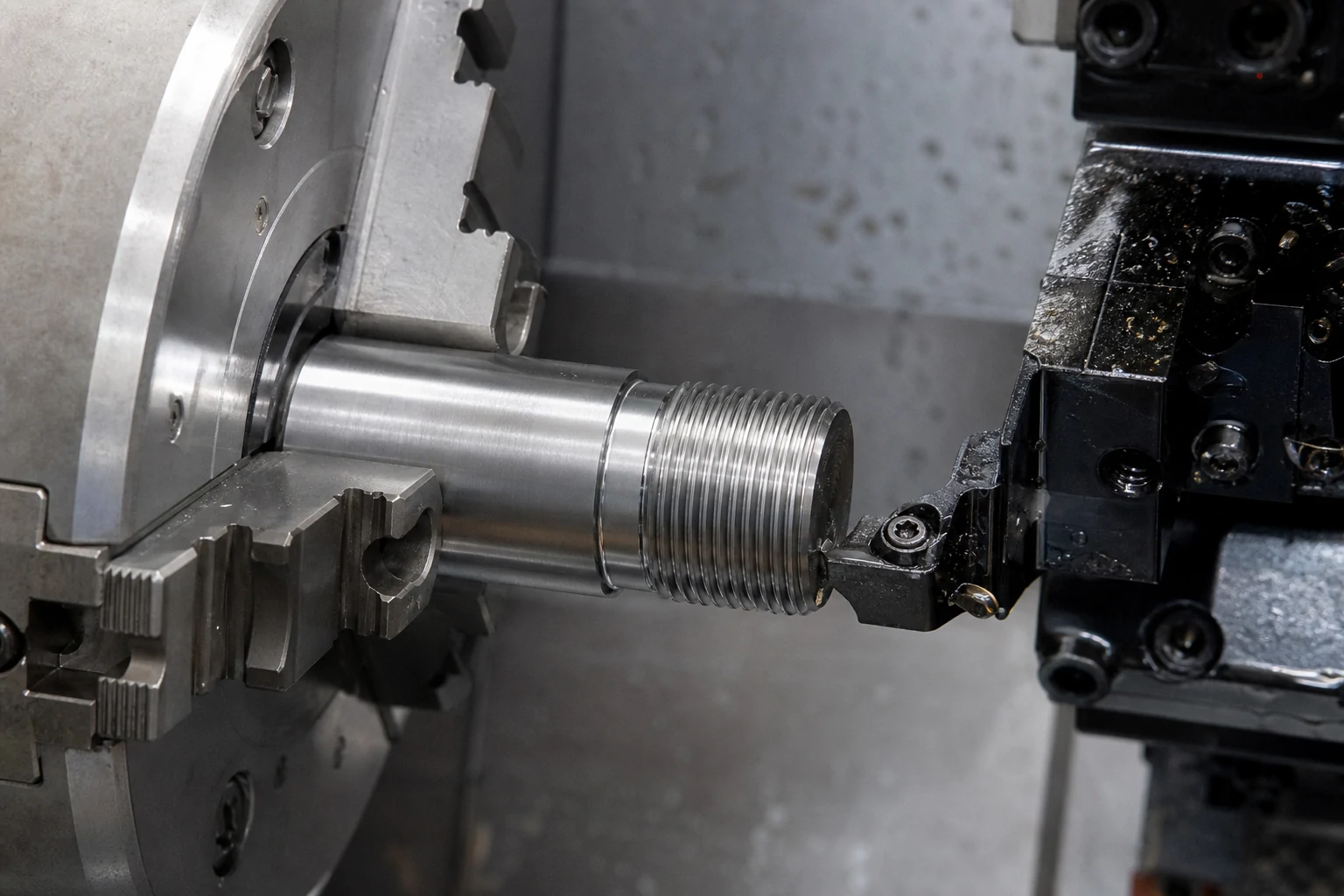 CNC lathe cutting an external thread and relief groove