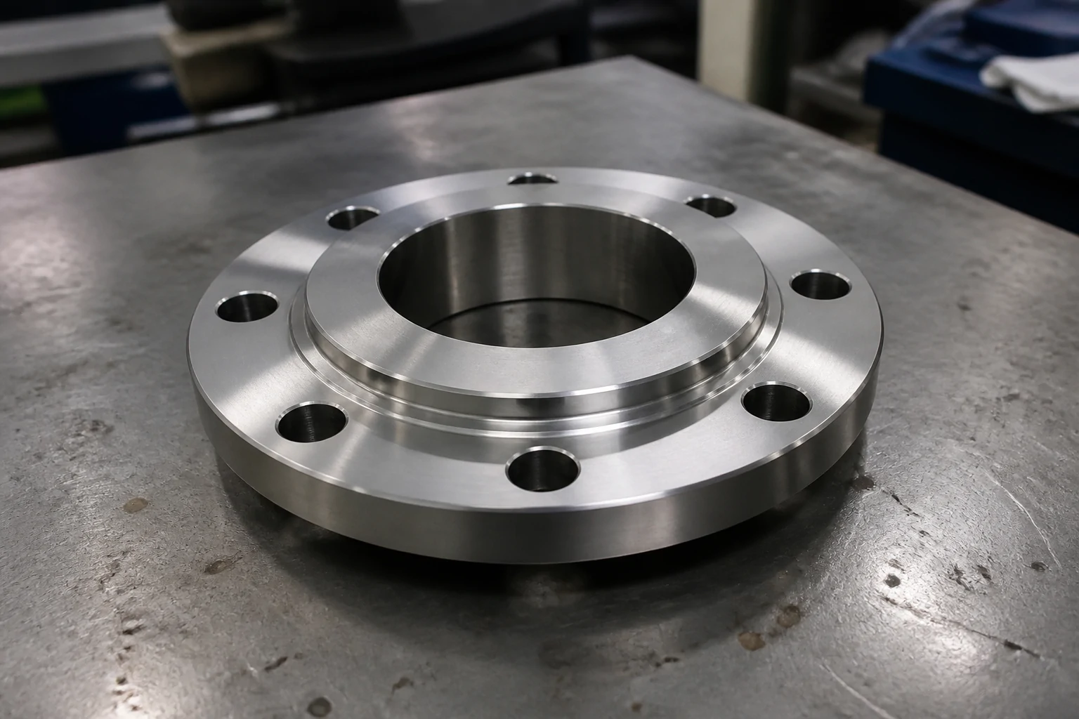 Round flange component on a machinist workbench