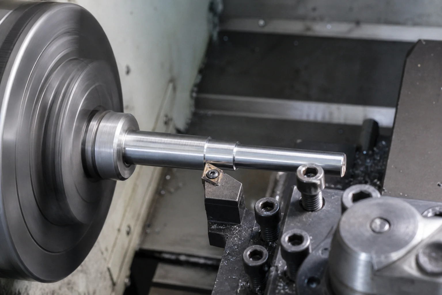 CNC lathe forming stepped diameters on a slender steel shaft