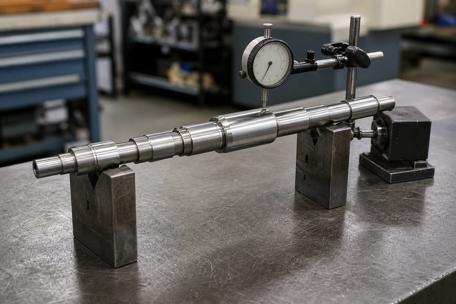 Dial indicator checking runout on a CNC turned stepped shaft