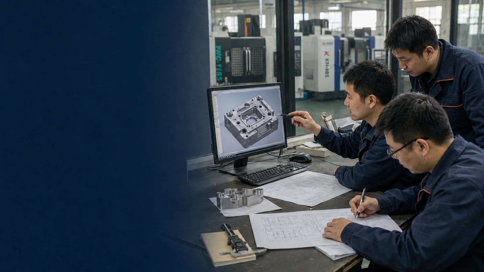 Engineers reviewing a CAD model, technical drawing and machined component before quotation